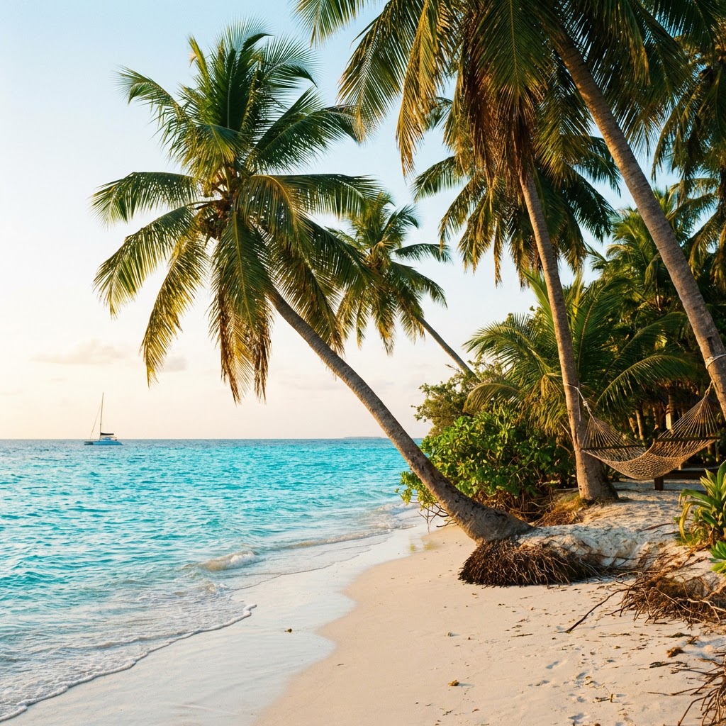 A white sand beach with palm trees, a hammock, and turquoise ocean water.