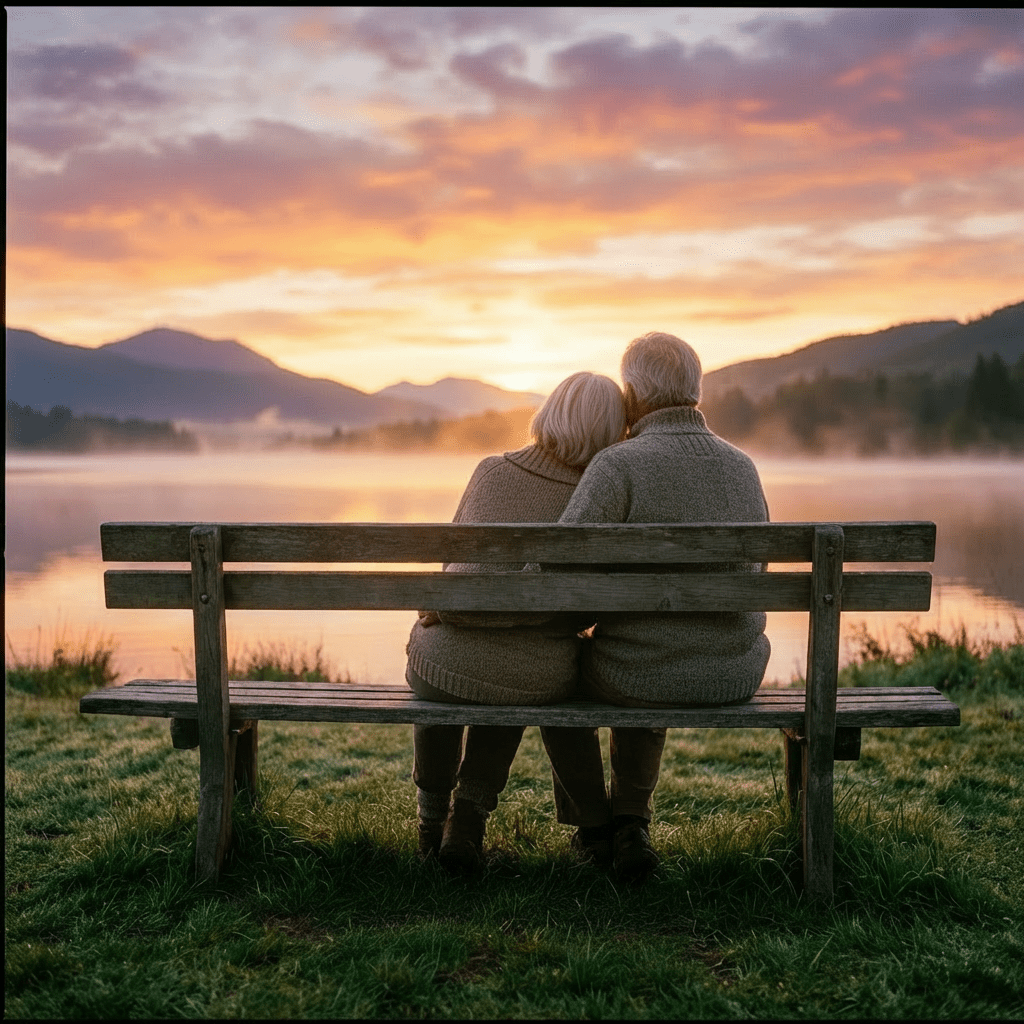 Elderly couple in sweaters sitting on a bench by a misty lake at sunset.